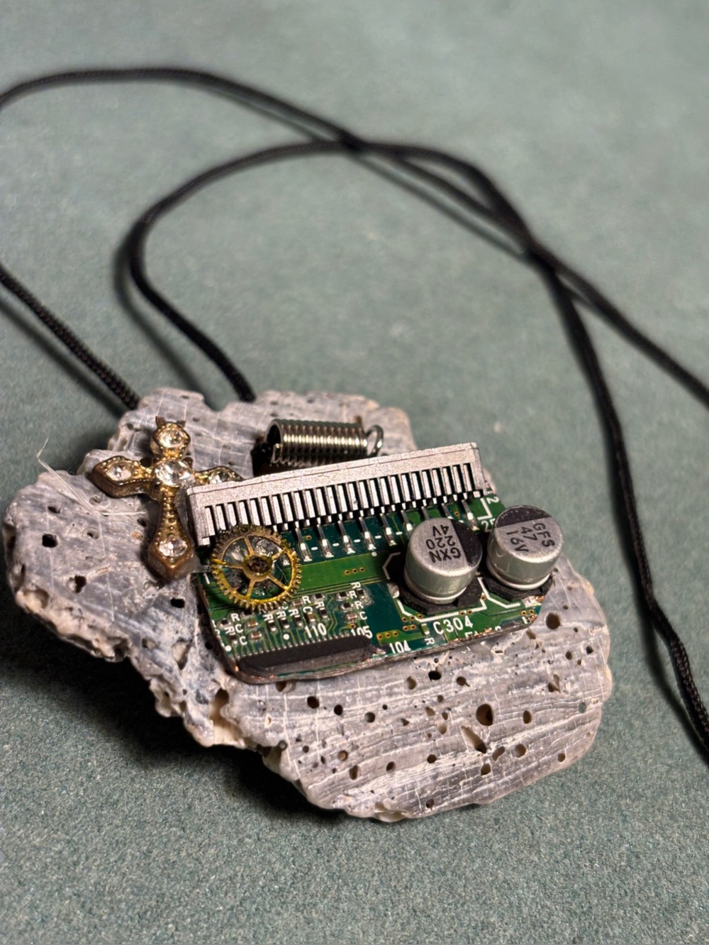 Circuit Board Pendant Necklace with Rhinestone Cross on Shell